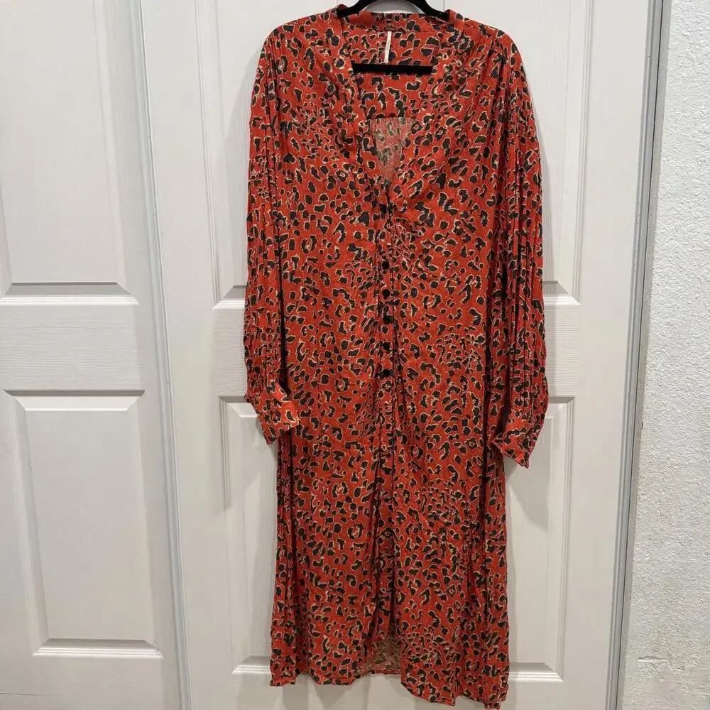 Free People Cest Moi Leopard Print Long Maxi Top, Orange Red,‎ Medium, RRP $148